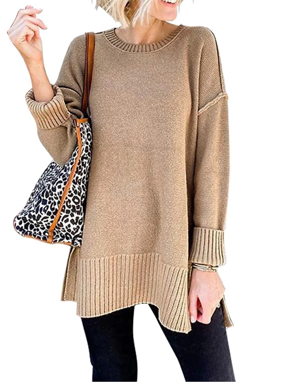 New Merokeety Crew Neck Side Split Pullover Sweater in Khaki Tan Size Small